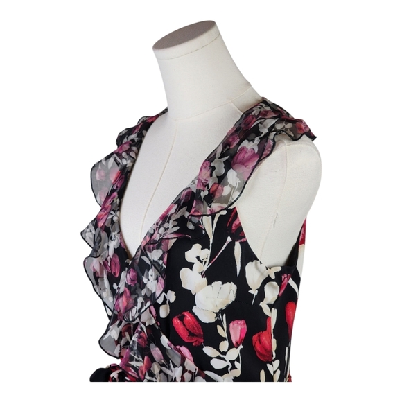 WHBM Faux Wrap Floral Ruffle Dress Size 8 Tulip Print Midi Belted Sleeveless - Picture 2 of 7